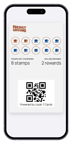 Freshly Ground loyalty card in Apple Wallet, showing eight stamps and two rewards